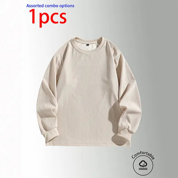 3-pack men’s sweatshirts: crewneck pullover, corduroy crewneck top, casual minimalist loose long-sleeve apparel; solid basic fit with vertical textured design; made from skin-friendly, breathable fabric—ideal for everyday commuting outfits.