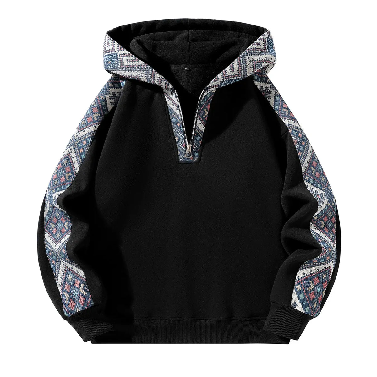 Men's Basic Casual Hooded Sweatshirt - Half-Zip, Retro Ethnic Patchwork, Ribbed Hem & Cuffs, Long Sleeve, Standard Classic Polyester Top, Mens Clothes