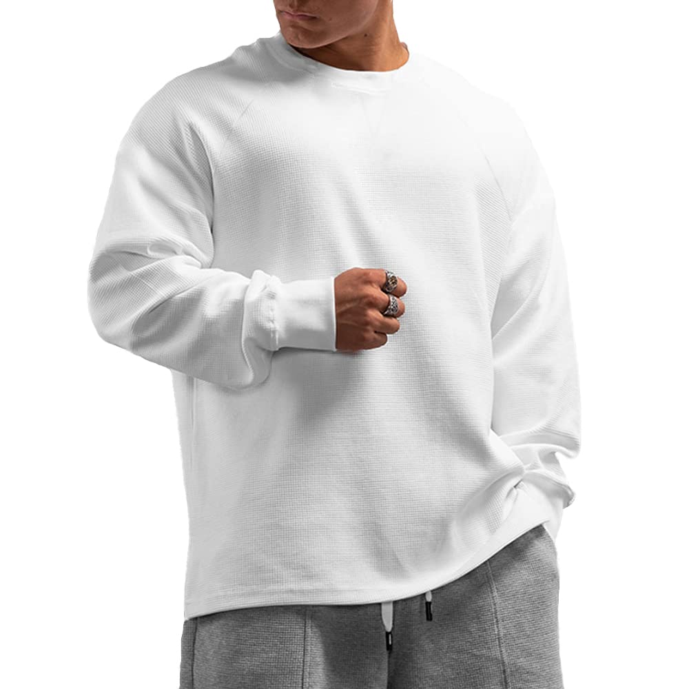 Men's Basic Long Sleeve Waffle Sweatshirt Loose Fit Workout Pullover