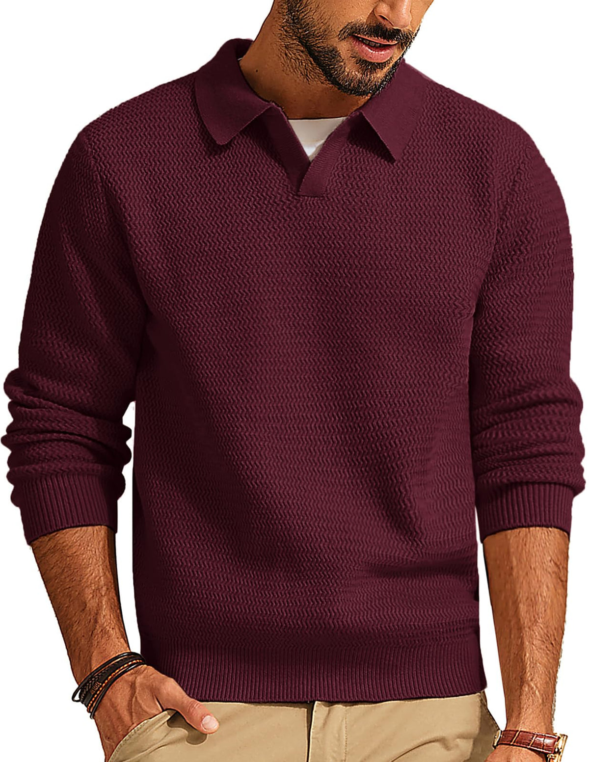 PJ PAUL JONES Mens Polo Collar Casual Textured Knit Pullover Sweater