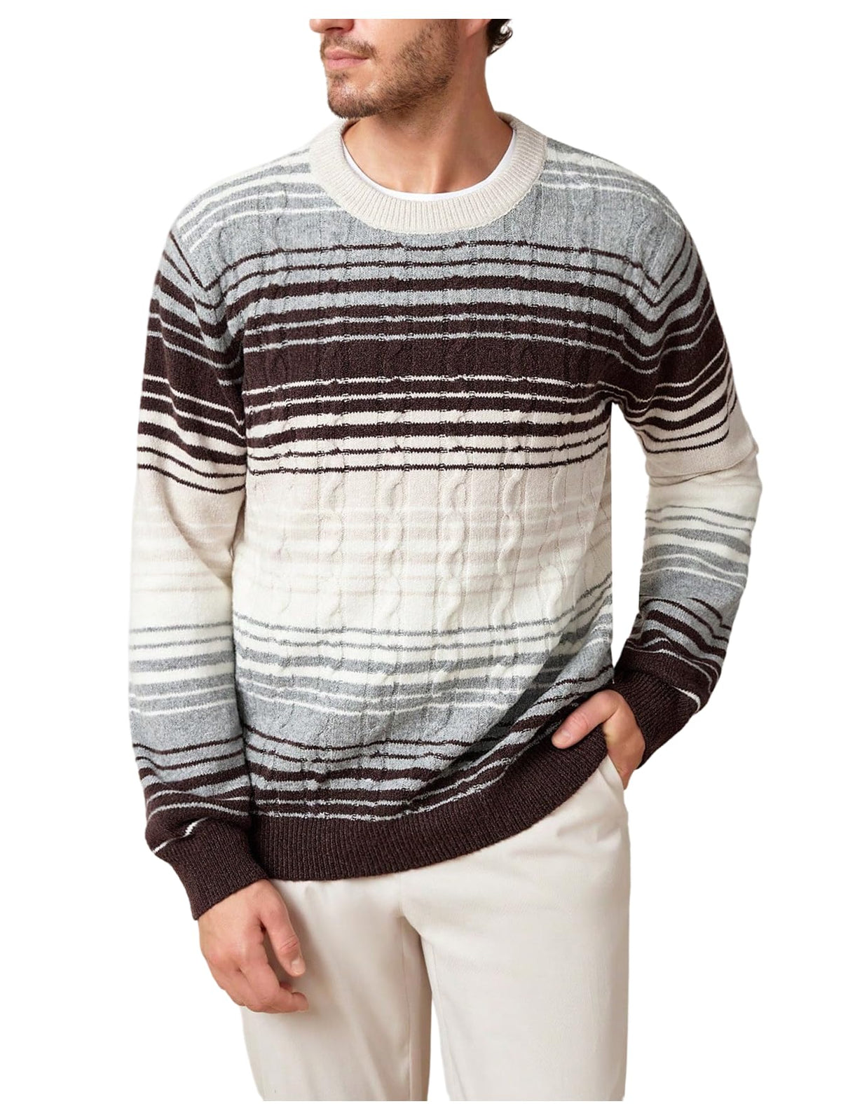 BEAUDRM Men's Color Block Sweater Crew Neck Long Sleeve Cable Knit Pullover Tops Casual Knitwear
