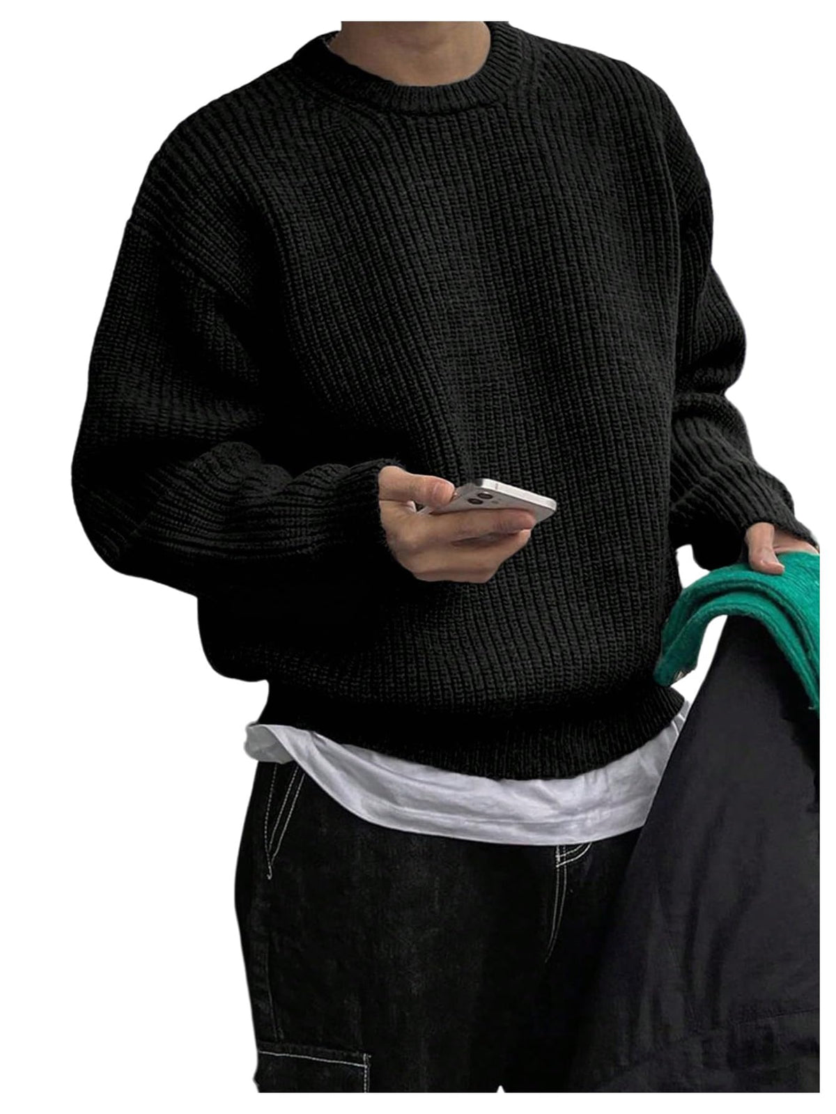 OYOANGLE Men's Crewneck Sweater Long Sleeve Drop Shoulder Loose Pullover Sweaters