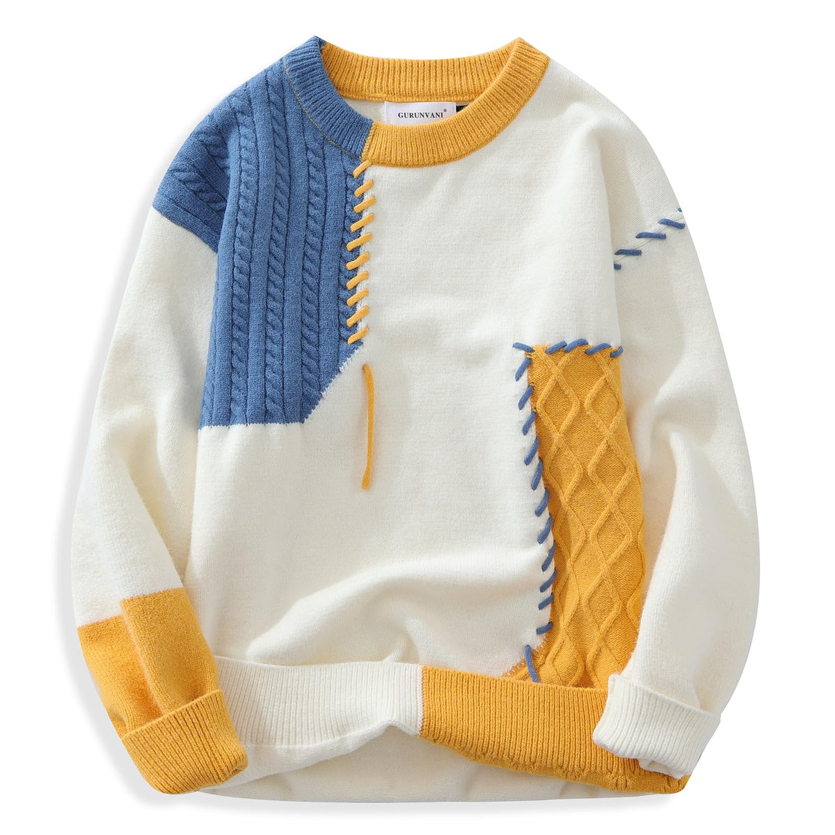 GURUNVANI Mens Color Block Patchwork Sweater Oversized Cable Knit Pullover