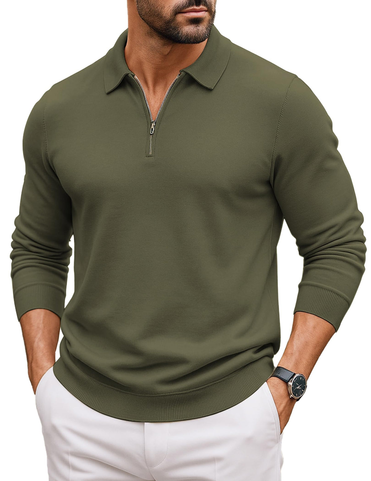 COOFANDY Mens Quarter Zip Polo Sweater Long Sleeve Casual Knit Polo Shirts