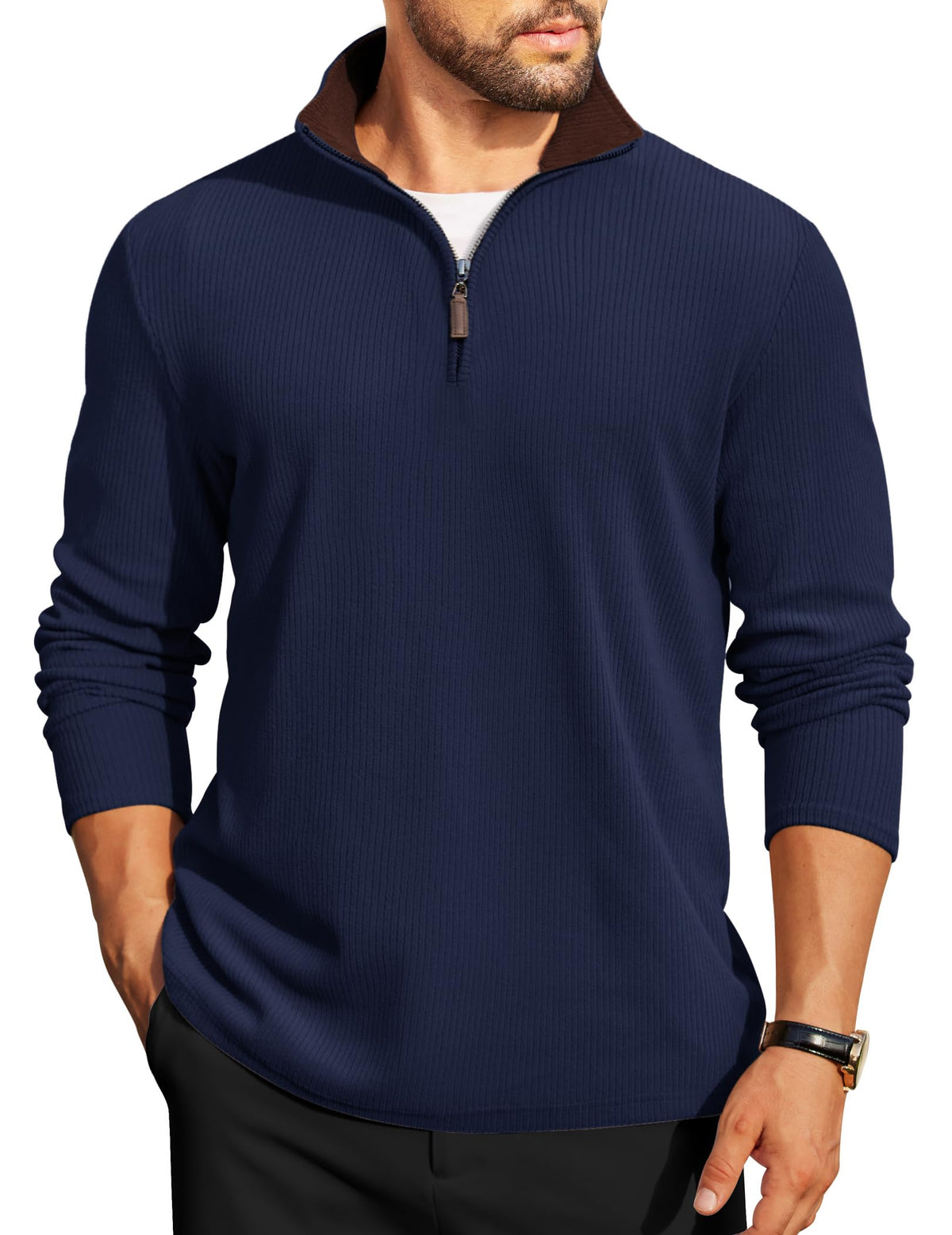COOFANDY Mens Quarter Zip Pullover Contrast Collar Corduroy Sweatshirt