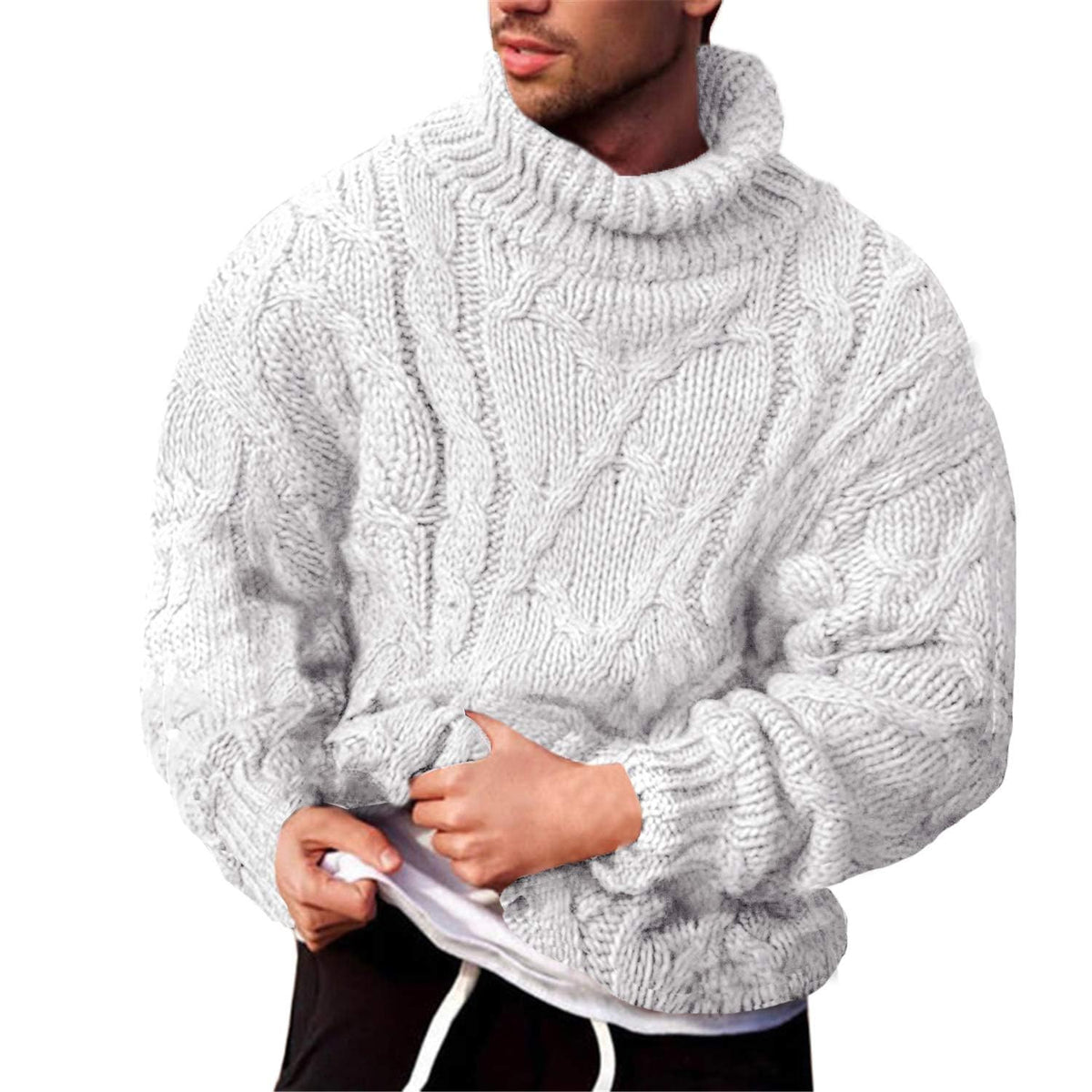 Runcati Mens Cable Knit Sweater Turtleneck Casual Chunky Pullover Jumper