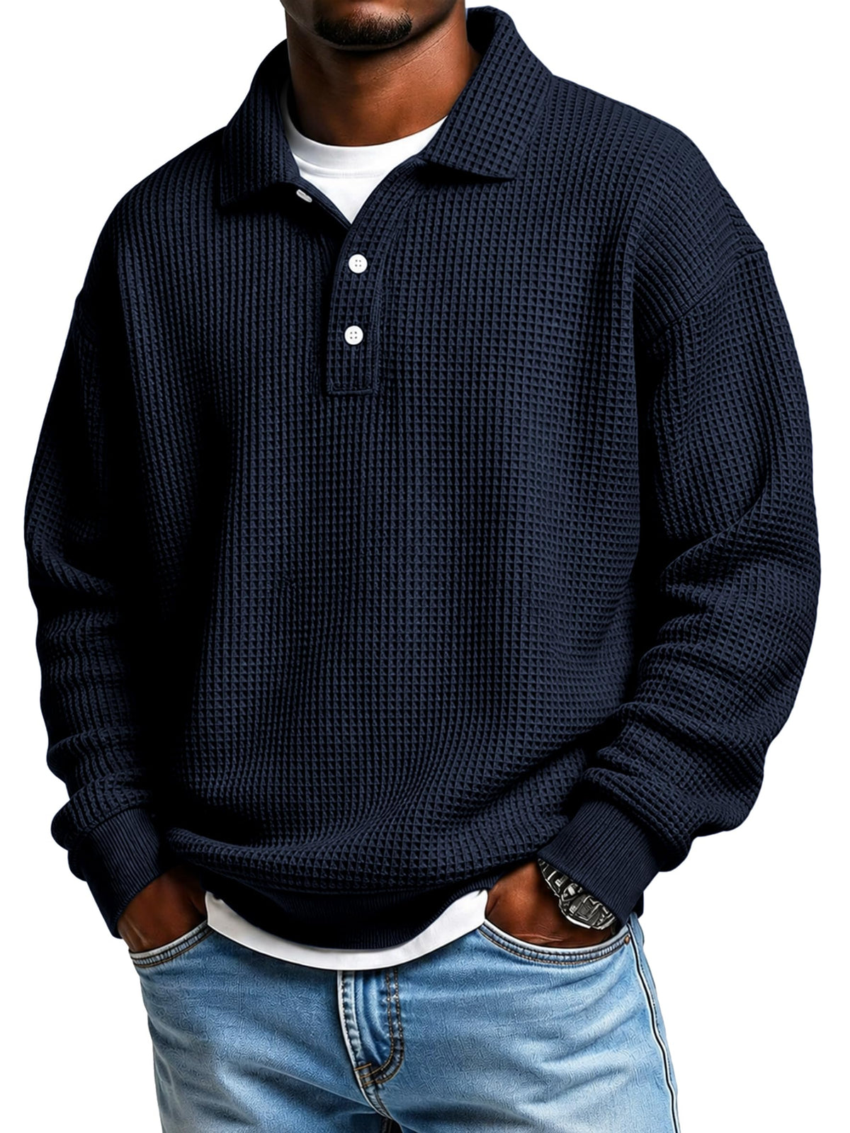 Men’s Polo Sweatshirt Pullover Waffle Knit Long Sleeve No Cap Hoodies