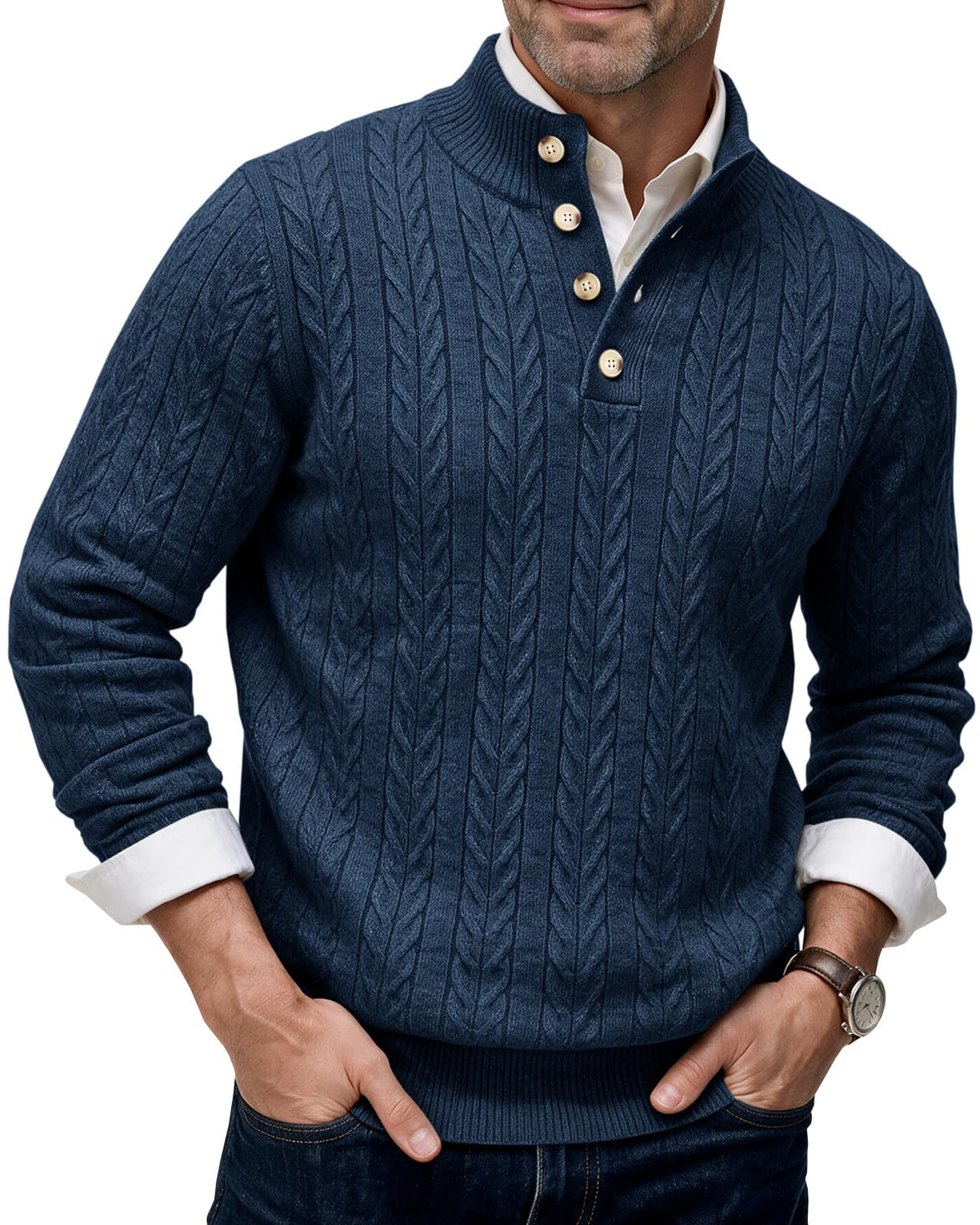 Runcati Mens Cable Knit Pullover Sweater Casual Stand Collar Button Tops