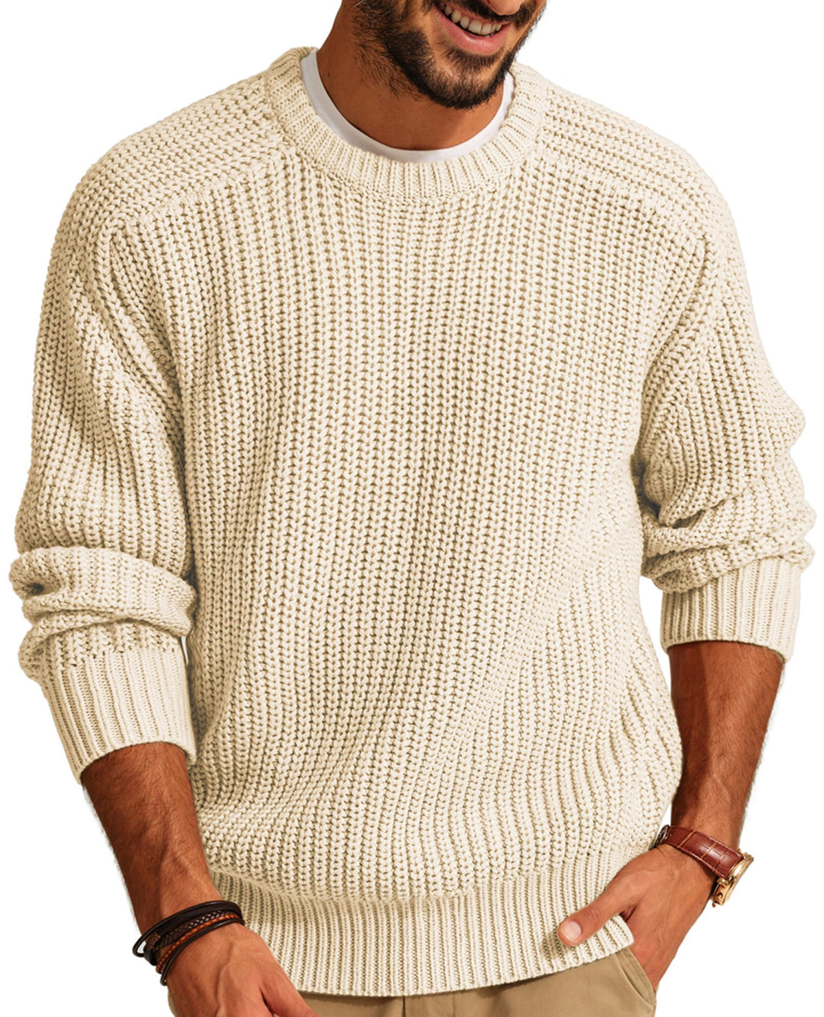 PJ PAUL JONES Men Crew Neck Textured Fisherman Sweater