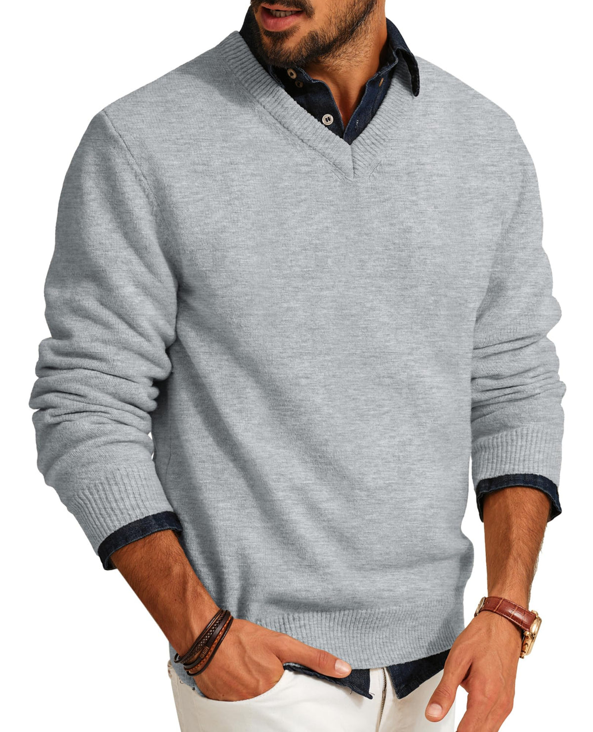 PJ PAUL JONES Mens Wool Blend Sweater V Neck Lightweight Pullover