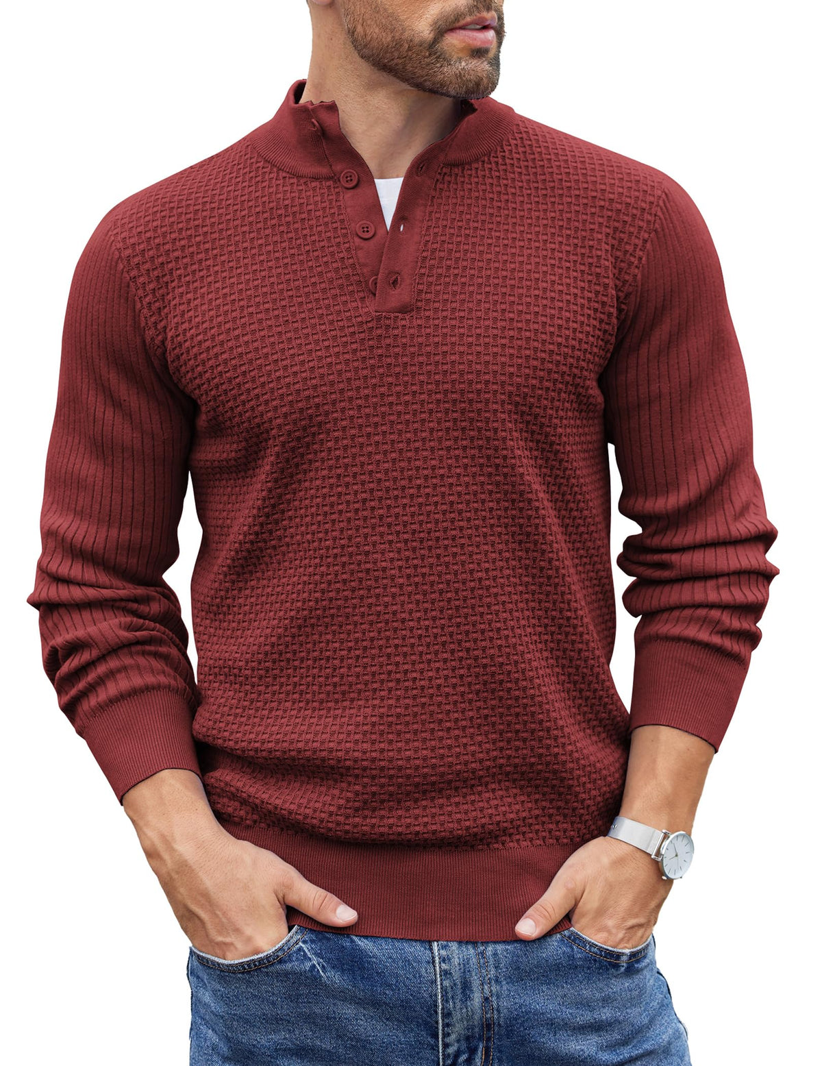 COOFANDY Mens Sweater Long Sleeve Henley Quarter Button Dress Sweaterss