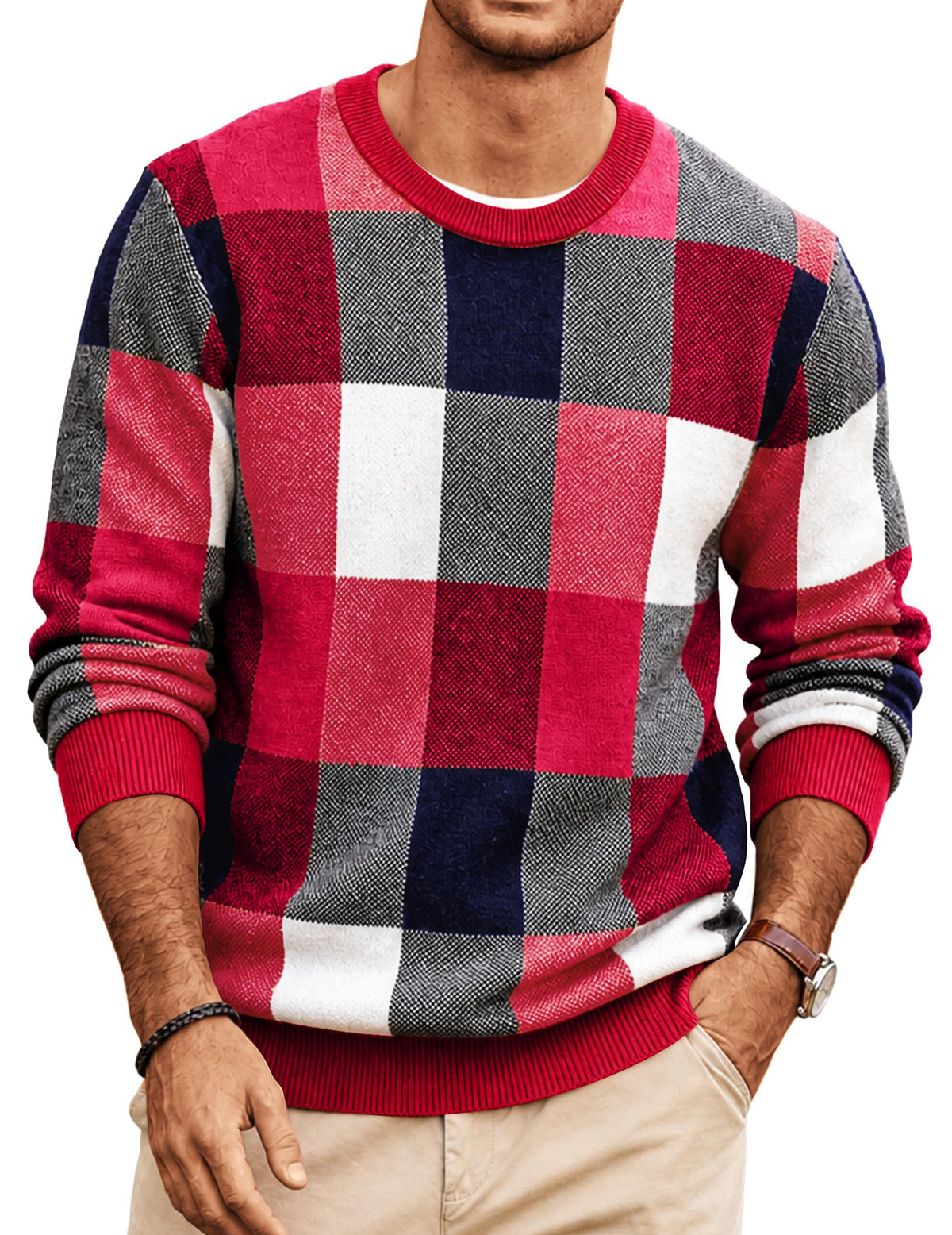 COOFANDY Men's Plaid Crew Neck Sweater Long Sleeve Knit Pullover