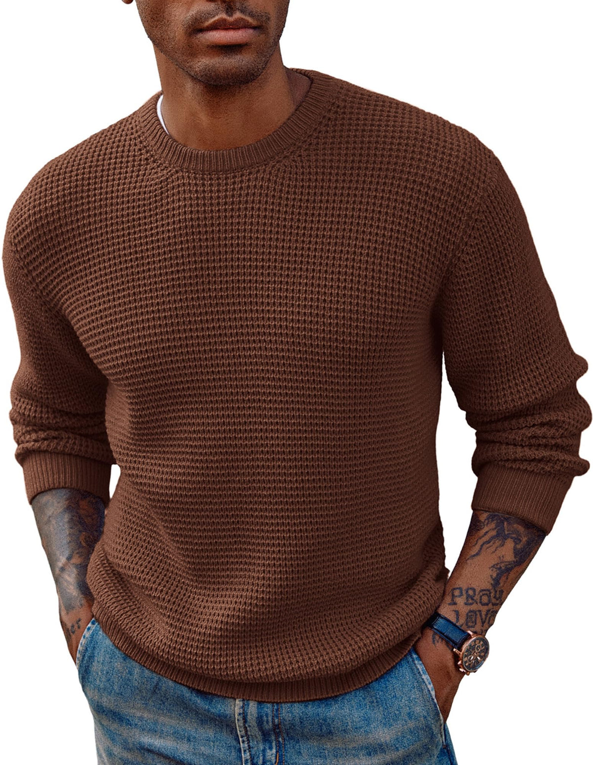 PJ PAUL JONES Mens Waffle Knit Sweaters Casual Crewneck Pullover Sweaters