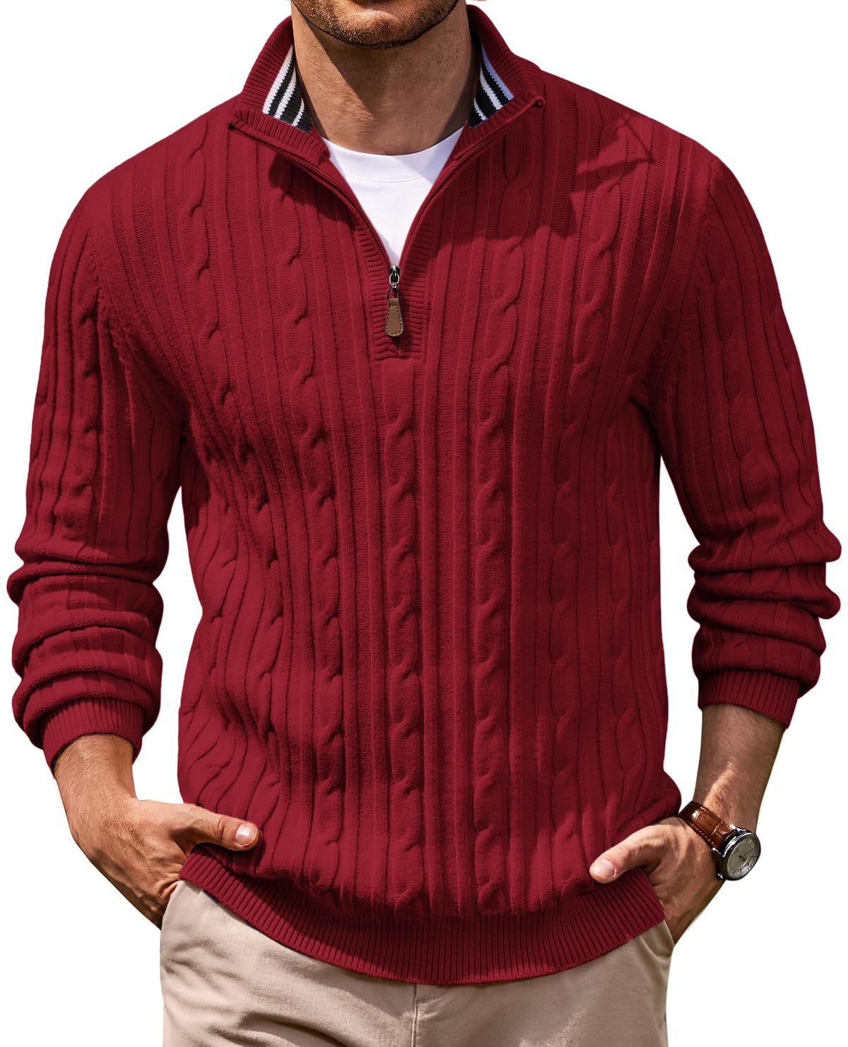 COOFANDY Men's Quarter Zip Pullover Cable Knit Mock Neck Dress Sweater