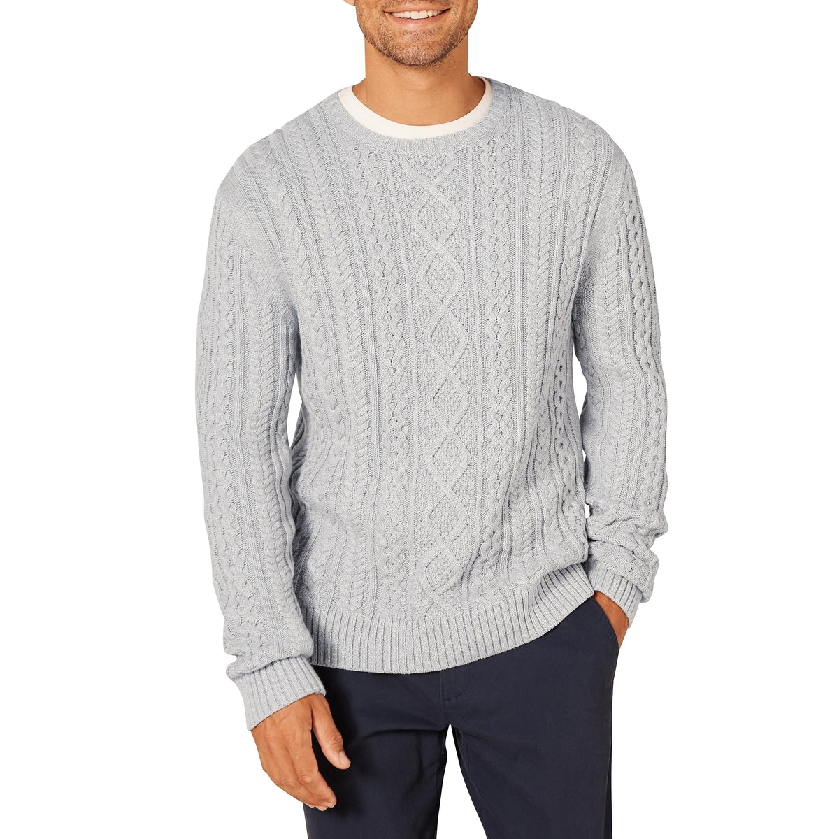 Amazon Essentials Men's Long-Sleeve 100% Cotton Knitted Fisherman Cable Crewneck Sweater