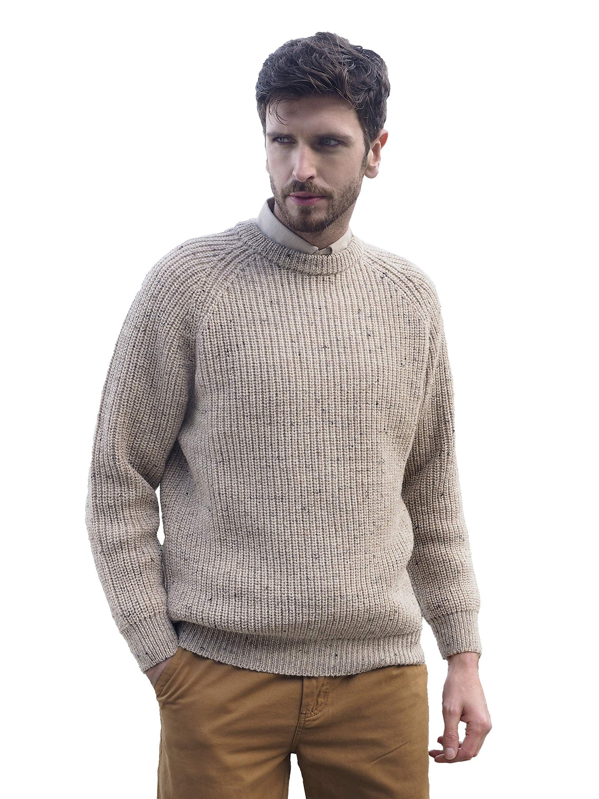 Aran Crafts Irish Men's Fisherman Rib Stitch Wool Sweater (C761)