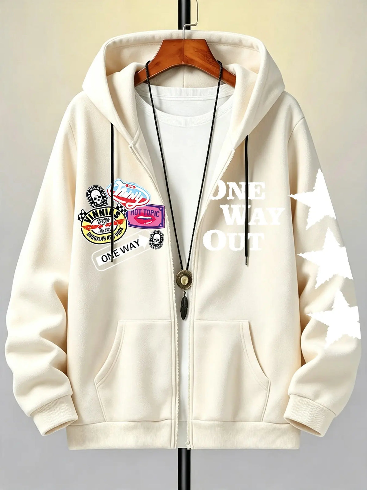 Unisex Y2K Style Slogan Hoodie with "One way out" Letter Print and Colorful Badges, Fall & Winter Zipper Jacket, Streetwear, Couples Gift, Friday Present