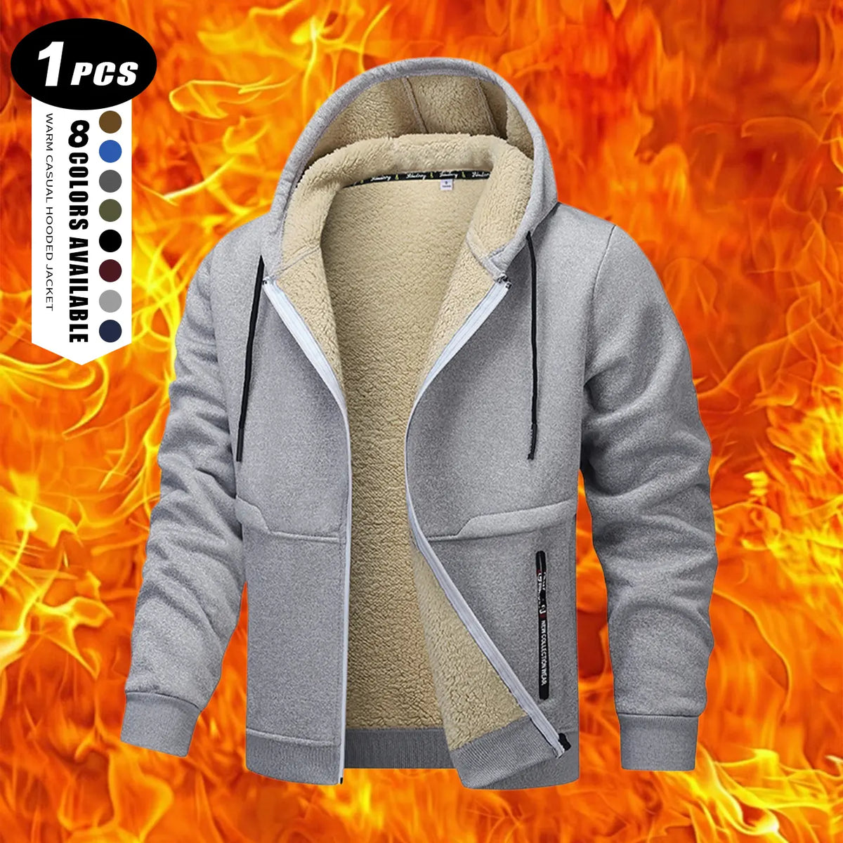 Men's Plain Zip-Up Hoodie - Thick Sherpa Fleece Lined Winter Fleece Jacket with Zippered Pockets for Casual Outdoor Work Use