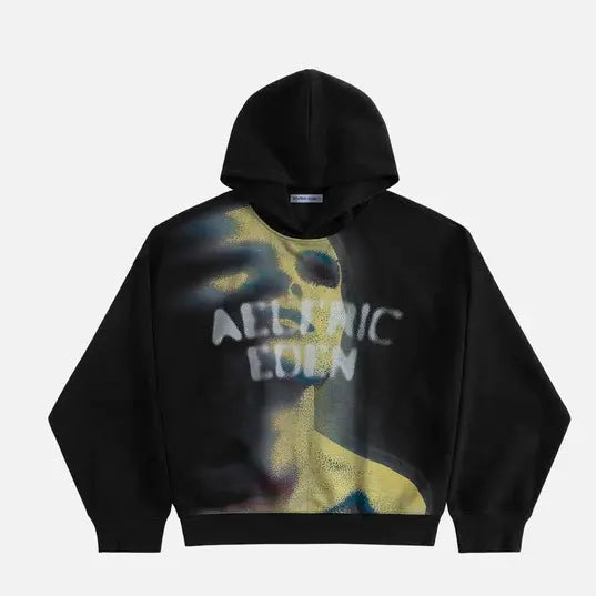Aelfric Eden Menswear Pullover Hoodie - Unisex, Relaxed Fit, Heavyweight Cotton, Longsleeves, Abstract Portrait Graphic, Distorted Figure Print, Thermal Top for Casual Streetwear Sweatshirts,back to school,back to school shopping