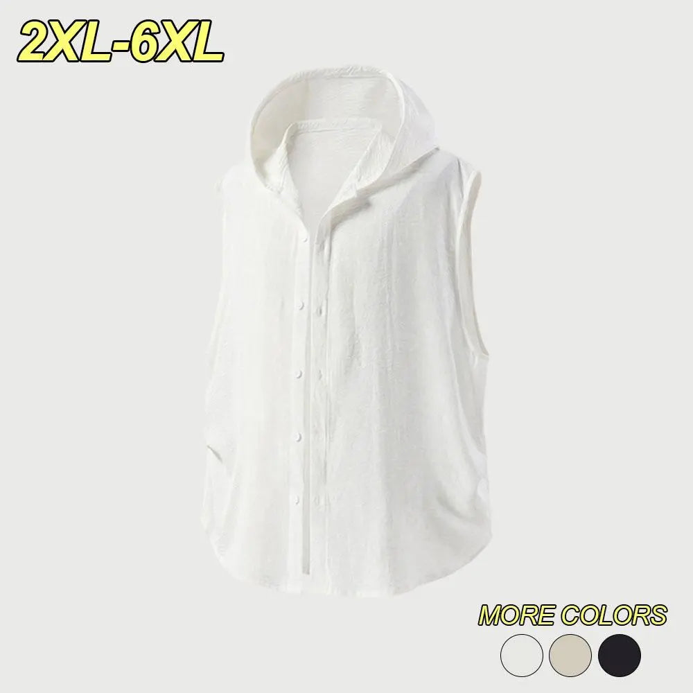 2XL–6XL Plus Size Men’s Summer Hooded Sleeveless Shirt, Lightweight Breathable Summer Vest/Tank Top, Loose Casual Cardigan Style Top—suitable for wearing alone or layered, ideal for sports casual wear, home leisure, and everyday commuting.