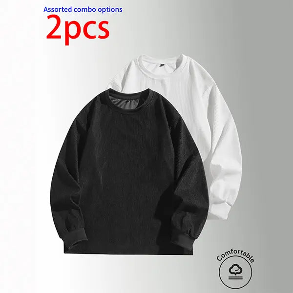 3-pack men’s sweatshirts: crewneck pullover, corduroy crewneck top, casual minimalist loose long-sleeve apparel; solid basic fit with vertical textured design; made from skin-friendly, breathable fabric—ideal for everyday commuting outfits.