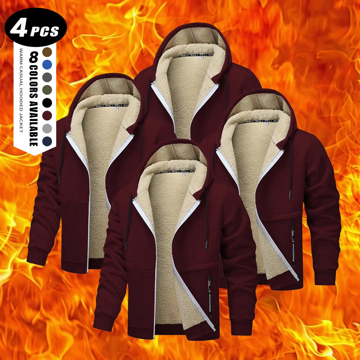 Men's Plain Zip-Up Hoodie - Thick Sherpa Fleece Lined Winter Fleece Jacket with Zippered Pockets for Casual Outdoor Work Use