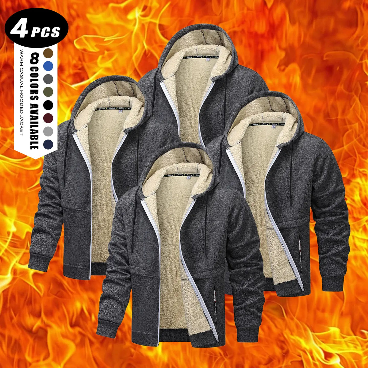 Men's Plain Zip-Up Hoodie - Thick Sherpa Fleece Lined Winter Fleece Jacket with Zippered Pockets for Casual Outdoor Work Use