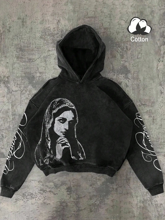 Men's Dark Religious Hoodie, Geometric Pattern, Cotton Washed, Fitted Casual Style, All Seasons, Streetwear, Daily Wear, Faith Sweatshirt