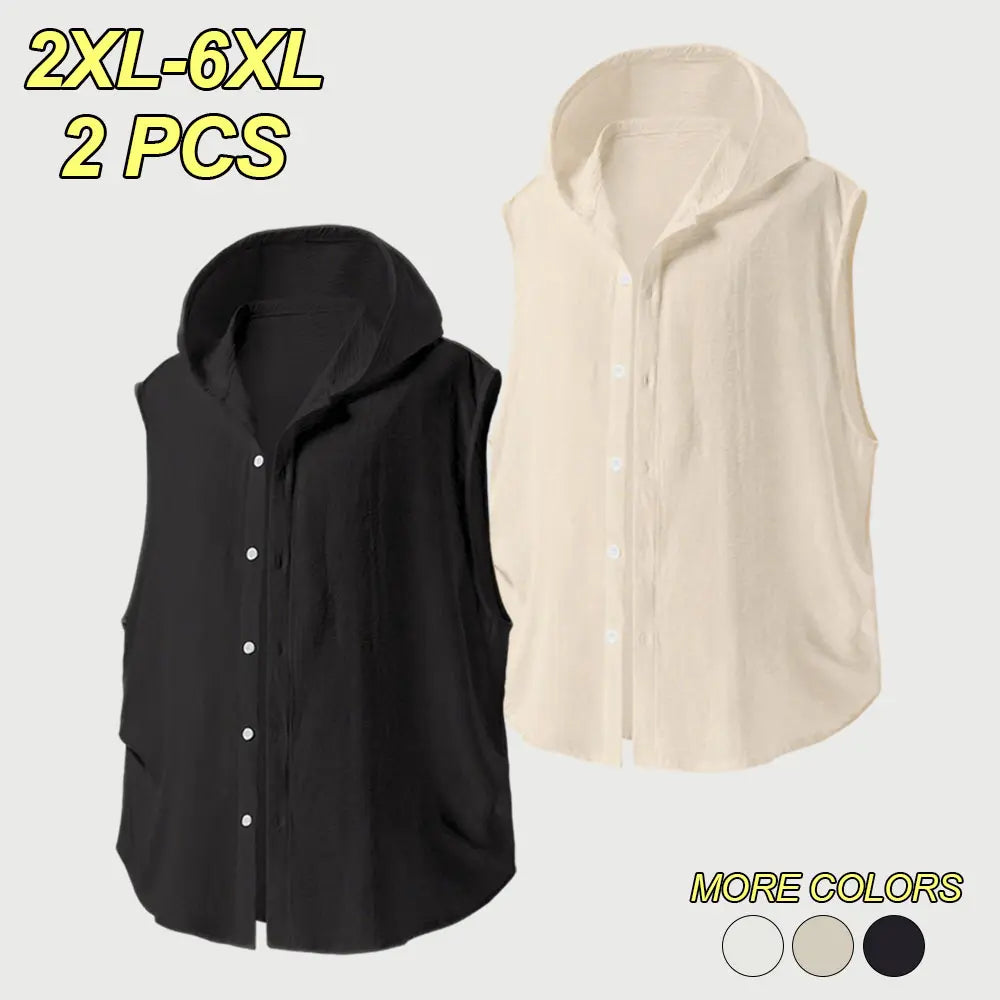 2XL–6XL Plus Size Men’s Summer Hooded Sleeveless Shirt, Lightweight Breathable Summer Vest/Tank Top, Loose Casual Cardigan Style Top—suitable for wearing alone or layered, ideal for sports casual wear, home leisure, and everyday commuting.