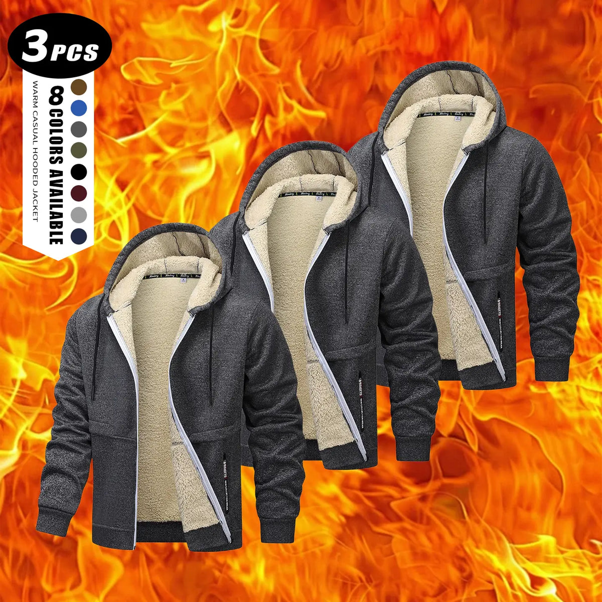 Men's Plain Zip-Up Hoodie - Thick Sherpa Fleece Lined Winter Fleece Jacket with Zippered Pockets for Casual Outdoor Work Use