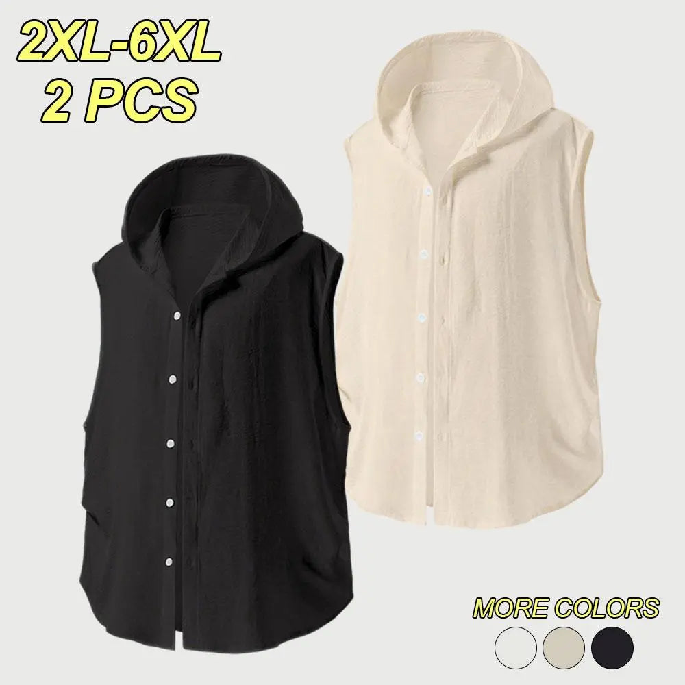 2XL–6XL Plus Size Men’s Summer Hooded Sleeveless Shirt, Lightweight Breathable Summer Vest/Tank Top, Loose Casual Cardigan Style Top—suitable for wearing alone or layered, ideal for sports casual wear, home leisure, and everyday commuting.