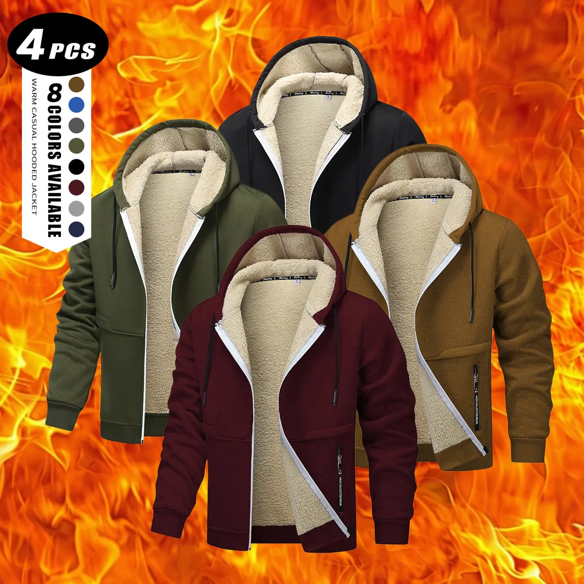 Men's Plain Zip-Up Hoodie - Thick Sherpa Fleece Lined Winter Fleece Jacket with Zippered Pockets for Casual Outdoor Work Use