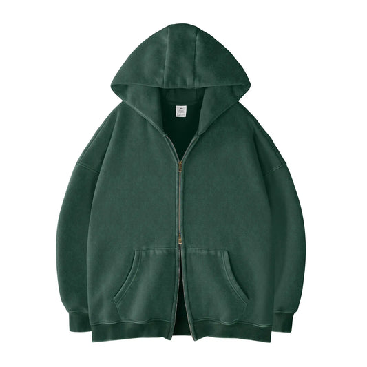 FAIABLE Unisex Oversized Zip-Up Hoodie in Acid Wash Heavyweight Cotton Fleece with Oversized Pockets & Stretch Ribbed Cuffs for Men & Women Casual Sweatshirt