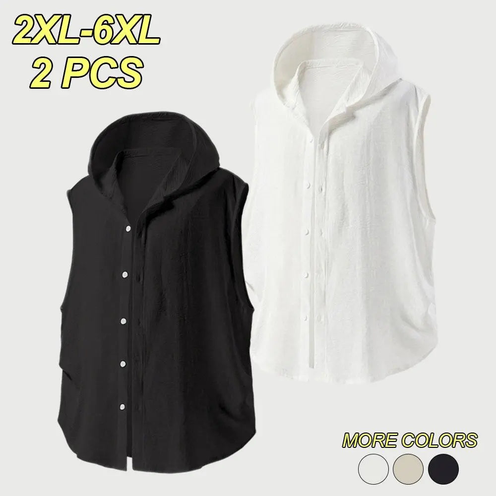 2XL–6XL Plus Size Men’s Summer Hooded Sleeveless Shirt, Lightweight Breathable Summer Vest/Tank Top, Loose Casual Cardigan Style Top—suitable for wearing alone or layered, ideal for sports casual wear, home leisure, and everyday commuting.