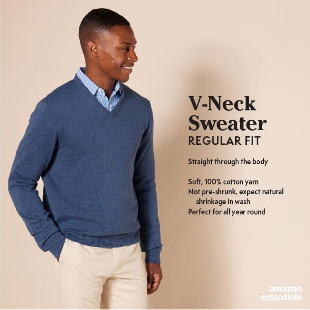 Amazon Essentials Men's Regular Fit Cotton V-Neck Pullover Sweater (Available in Big & Tall)