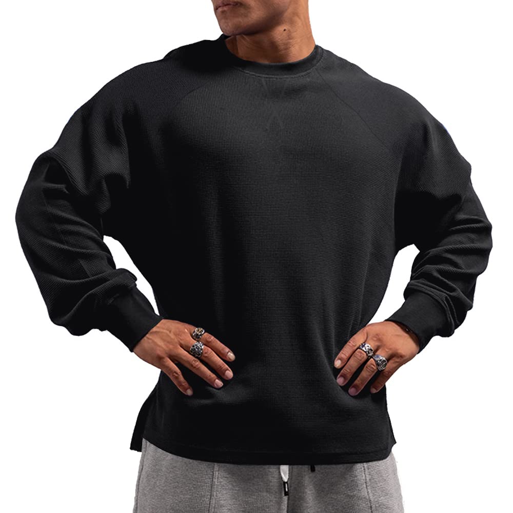 Men's Basic Long Sleeve Waffle Sweatshirt Loose Fit Workout Pullover