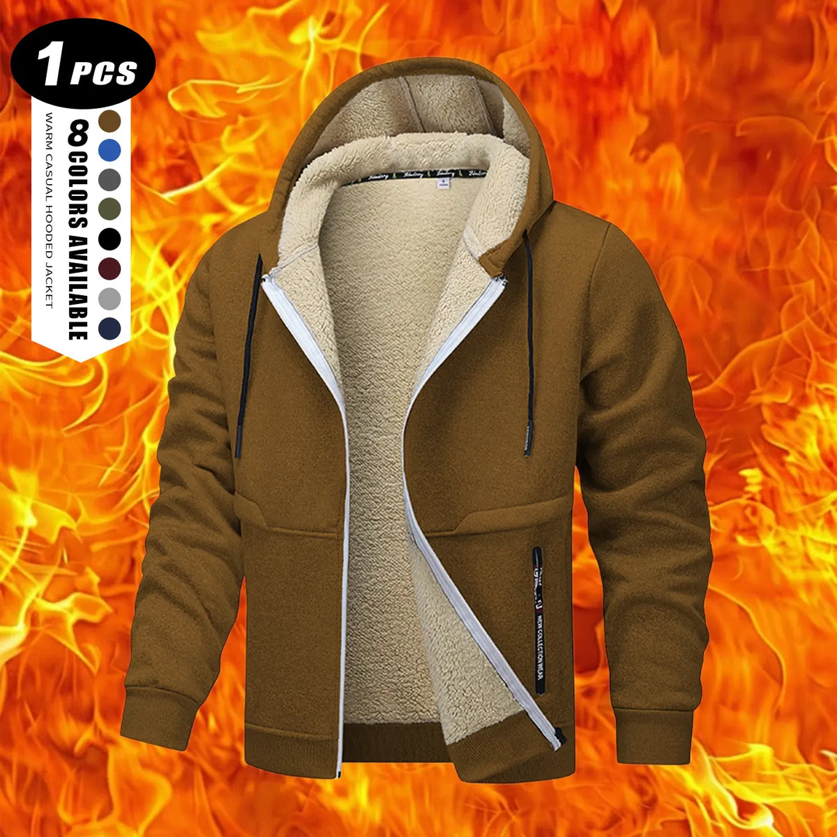 Men's Plain Zip-Up Hoodie - Thick Sherpa Fleece Lined Winter Fleece Jacket with Zippered Pockets for Casual Outdoor Work Use