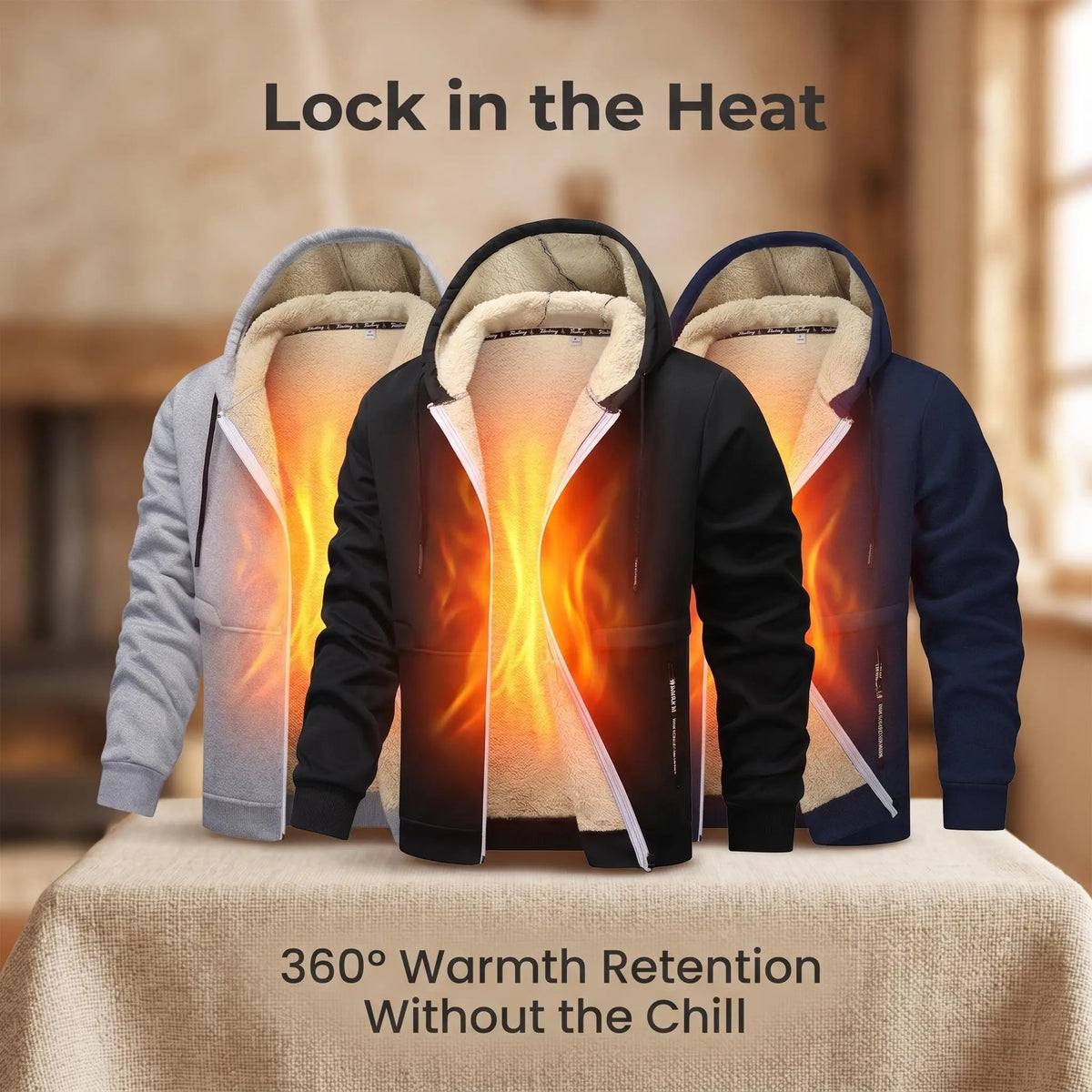 Men's Plain Zip-Up Hoodie - Thick Sherpa Fleece Lined Winter Fleece Jacket with Zippered Pockets for Casual Outdoor Work Use
