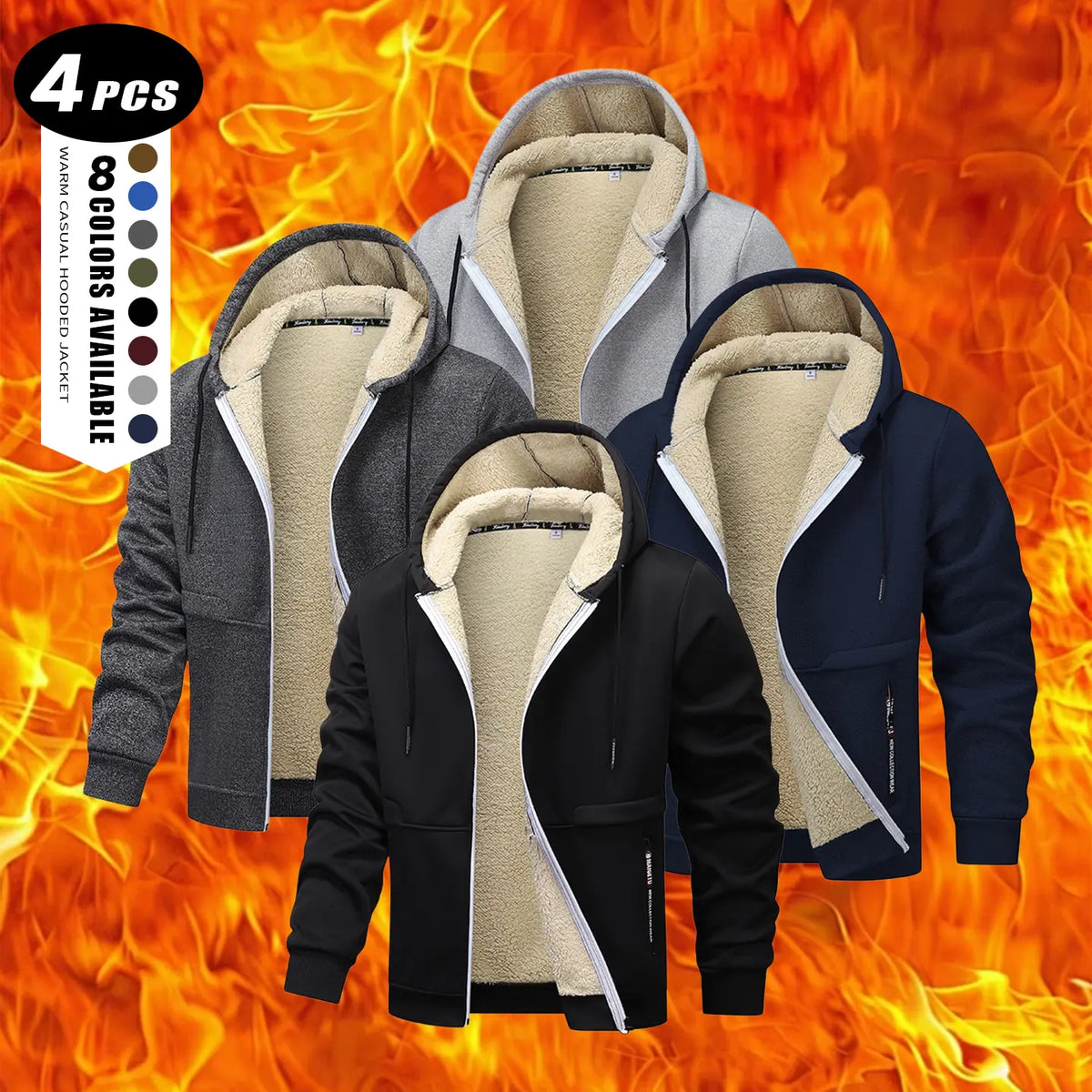 Men's Plain Zip-Up Hoodie - Thick Sherpa Fleece Lined Winter Fleece Jacket with Zippered Pockets for Casual Outdoor Work Use