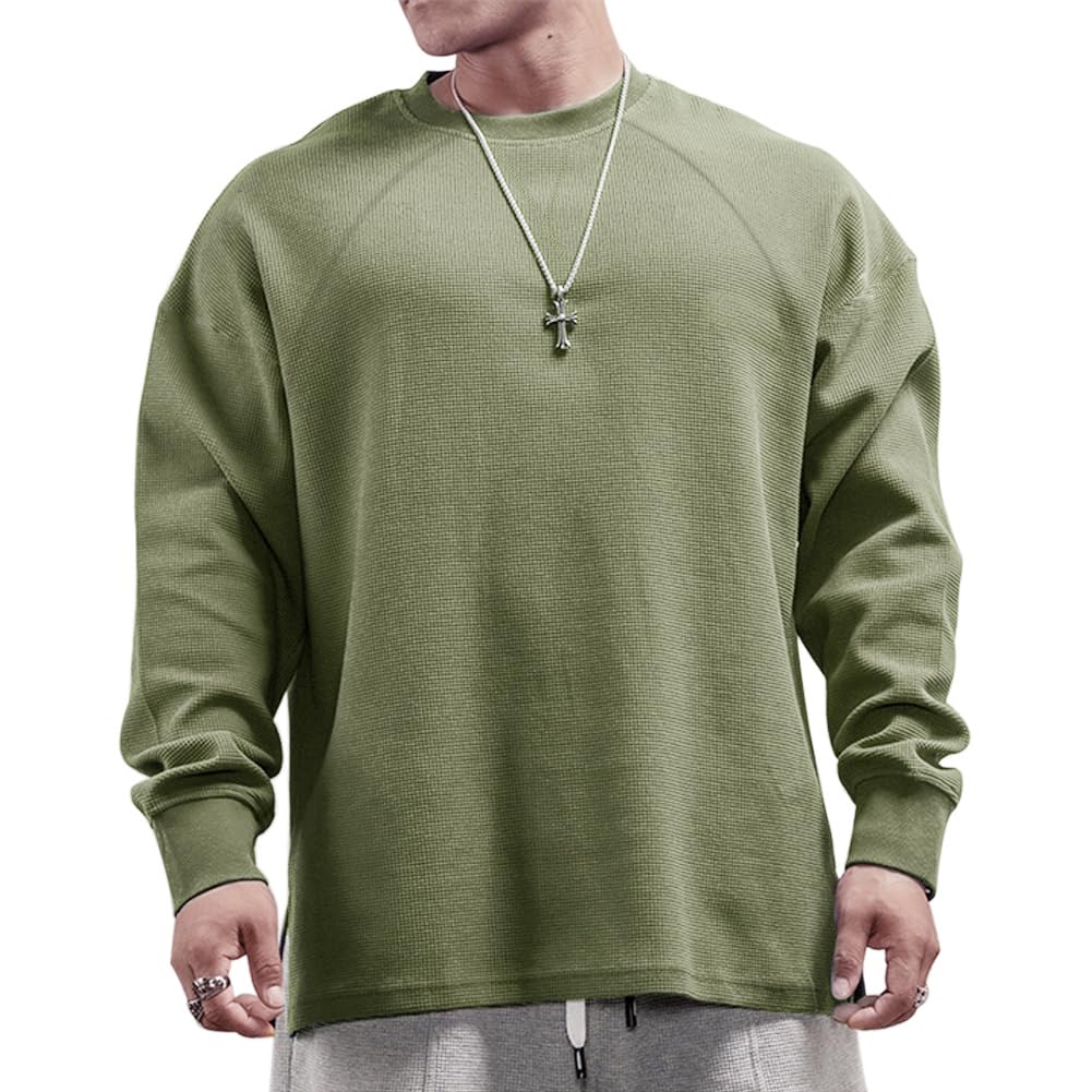Men's Basic Long Sleeve Waffle Sweatshirt Loose Fit Workout Pullover