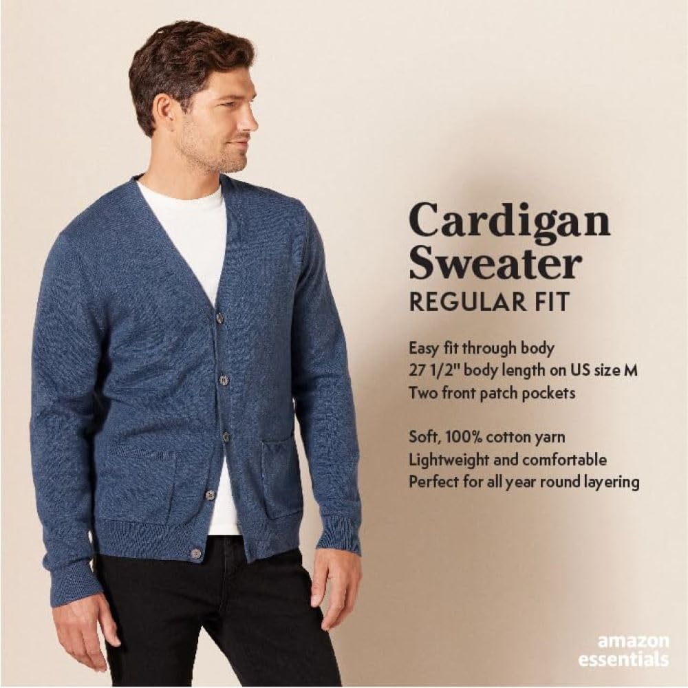 Amazon Essentials Men's V-Neck Cotton Knitted Cardigan Sweater, Ribbed