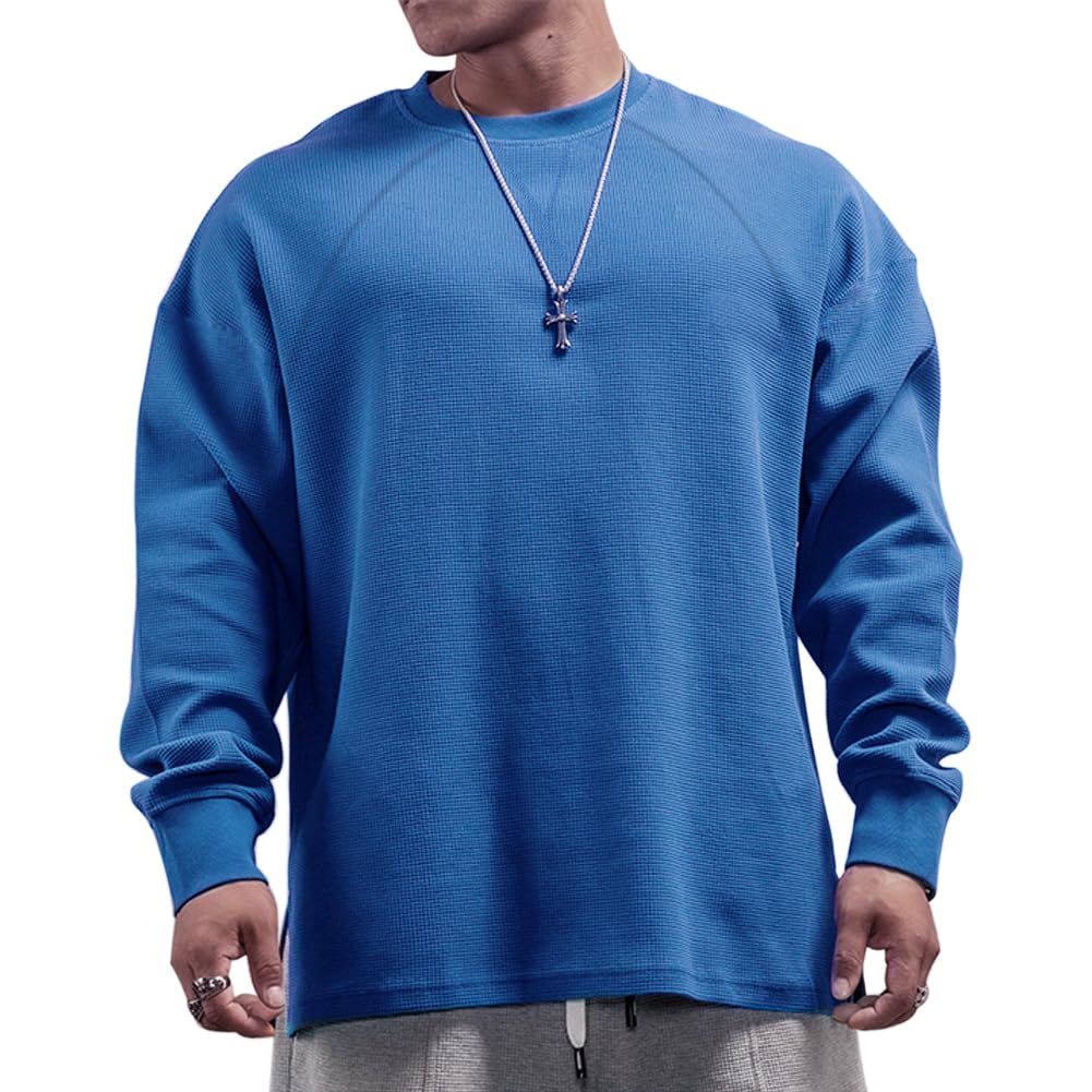 Men's Basic Long Sleeve Waffle Sweatshirt Loose Fit Workout Pullover