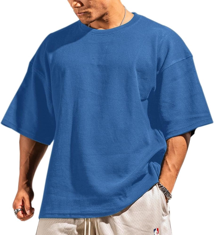Men's Basic Long Sleeve Waffle Sweatshirt Loose Fit Workout Pullover