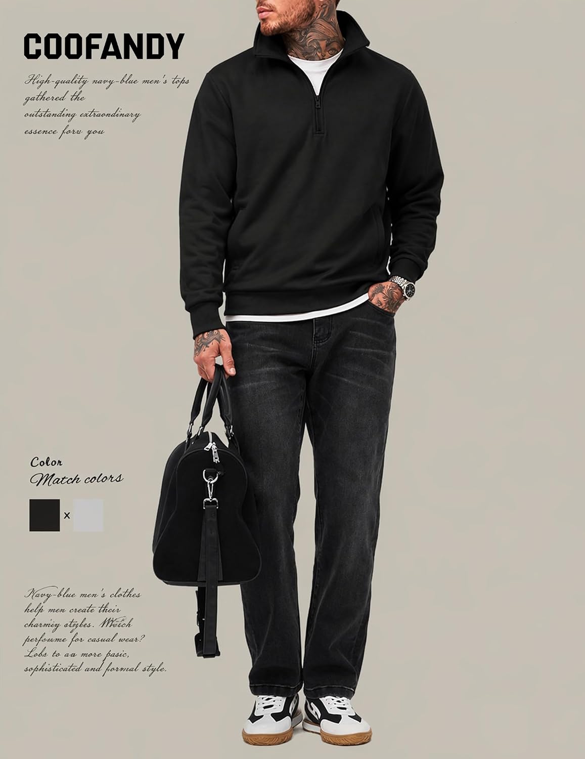 COOFANDY Mens Quarter Zip Pullover Sweatshirt Fleece Mock Neck with Pocket