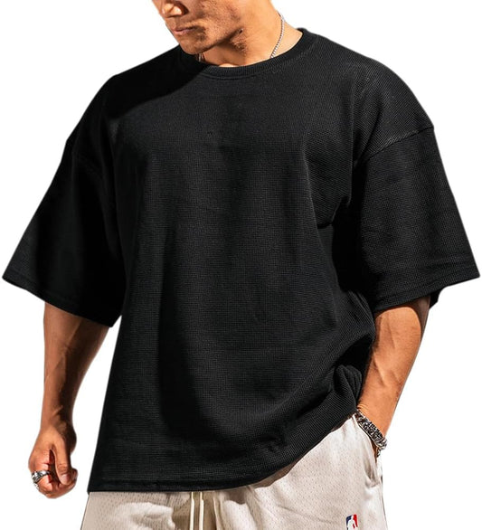 Men's Basic Long Sleeve Waffle Sweatshirt Loose Fit Workout Pullover