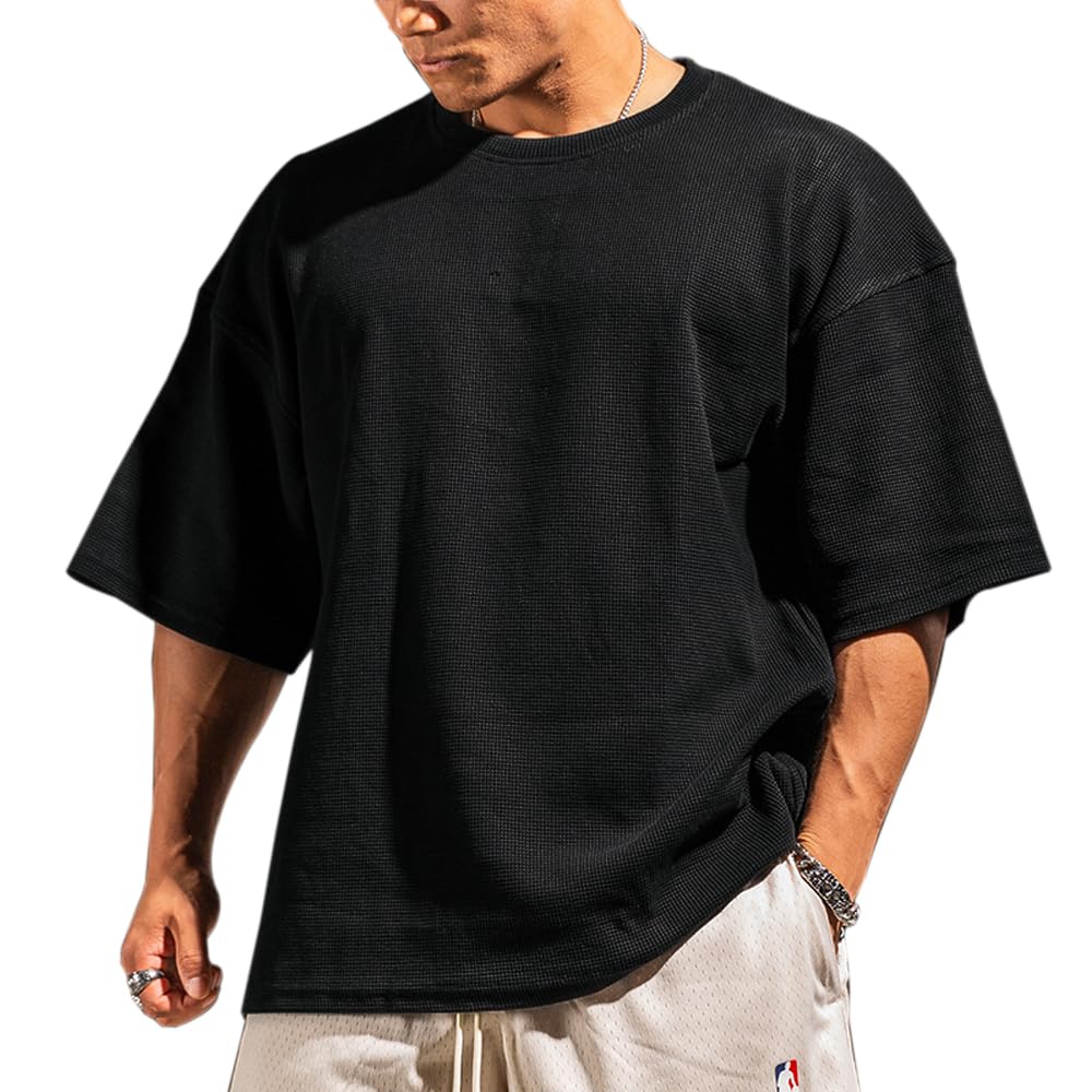 Men's Basic Long Sleeve Waffle Sweatshirt Loose Fit Workout Pullover