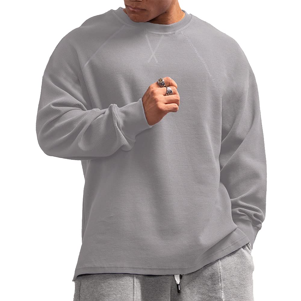 Men's Basic Long Sleeve Waffle Sweatshirt Loose Fit Workout Pullover