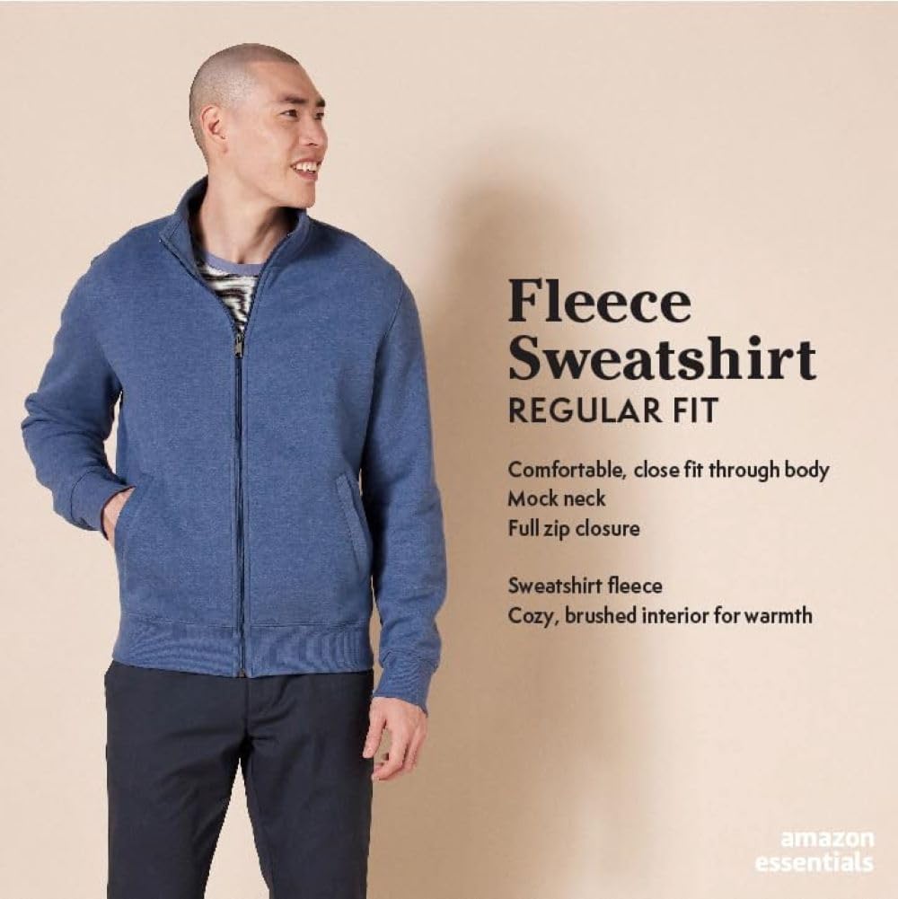 Amazon Essentials Men's Standard Full-Zip Fleece Mock Neck Midweight Sweatshirt with Pockets