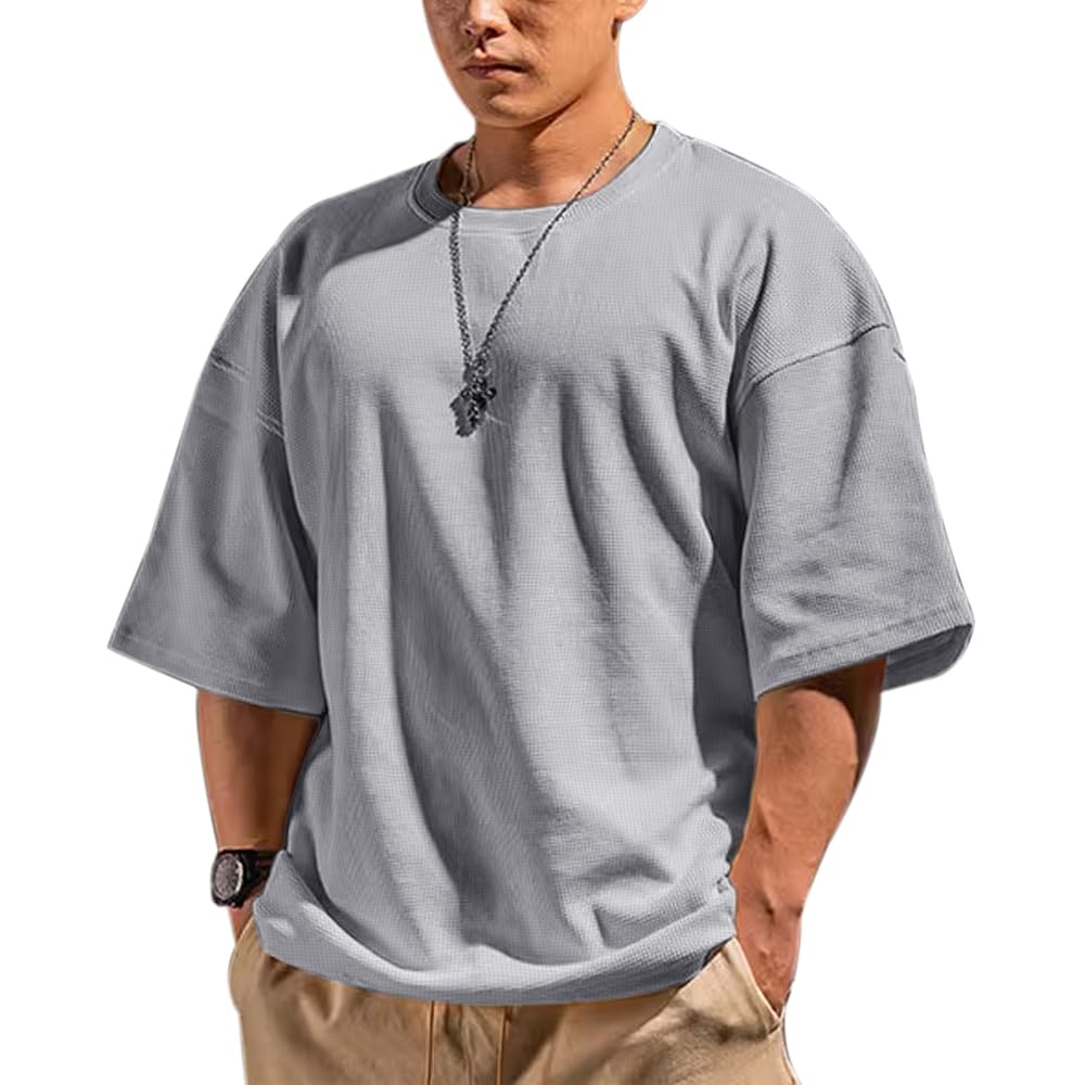 Men's Basic Long Sleeve Waffle Sweatshirt Loose Fit Workout Pullover