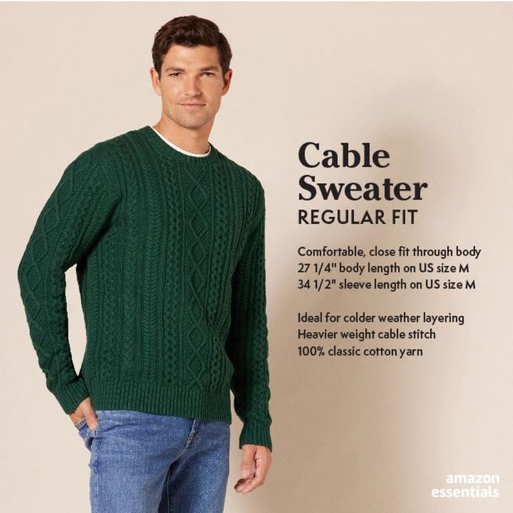 Amazon Essentials Men's Long-Sleeve 100% Cotton Knitted Fisherman Cable Crewneck Sweater